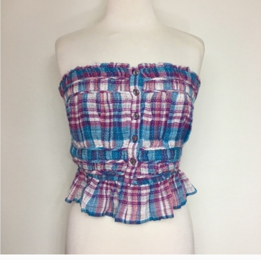 Free People Purple Blue Plaid Smock Back Tube Top With Straps